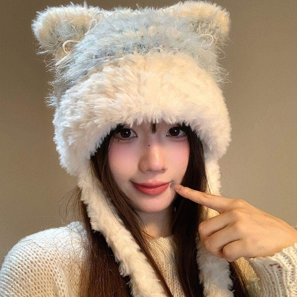 Cold-proof Faux Fur Beanies Hat Cat Ear Knitted Bobble Cap Fashion Mongolian Hat Women Accessories