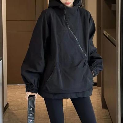 Женская куртка в стиле Харадзюку, корейская модная уличная одежда, винтажные куртки с капюшоном на молнии, ветровка, повседневное пальто