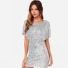 Women Mini Dress Round Neck Hollow Short Sleeve Backless Short Dress Glitter Sequins Hip Wrapped Party Dress
