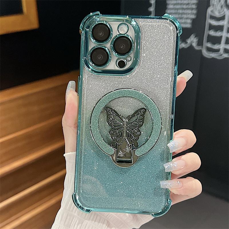 Applicable to iPhone16ProMax mobile phone case butterfly glitter bracket Apple 15 four corners anti-drop protective case