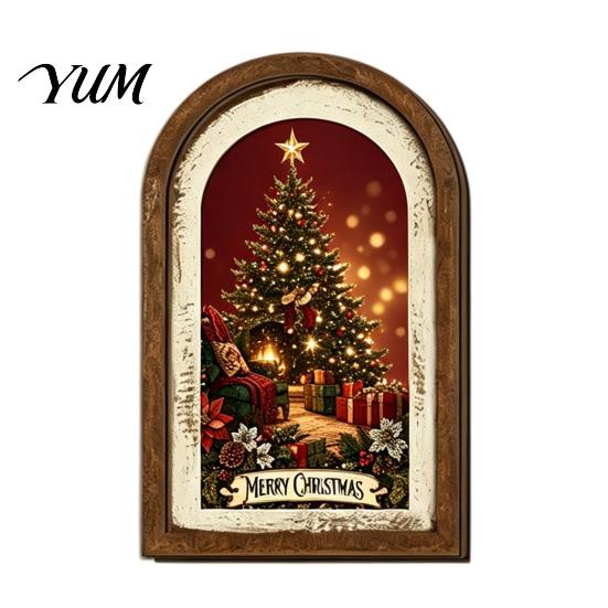 Glowing Christmas House Pictures Vintage Arched Wooden Wall Art, Double Layer Wood Framed Sign, Farmhouse Tree Decorations Xmas Print Hanging