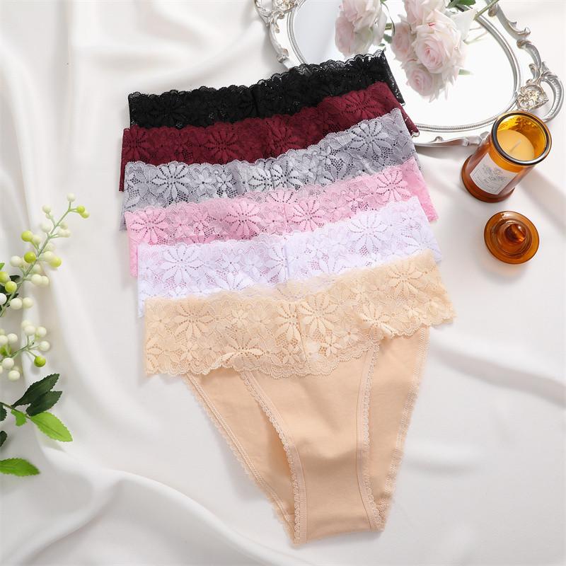 FINETOO High Waist Lace Panties for Woman Comfort Cotton Briefs Sexy Lace Edge Lingerie Breathable Underwear
