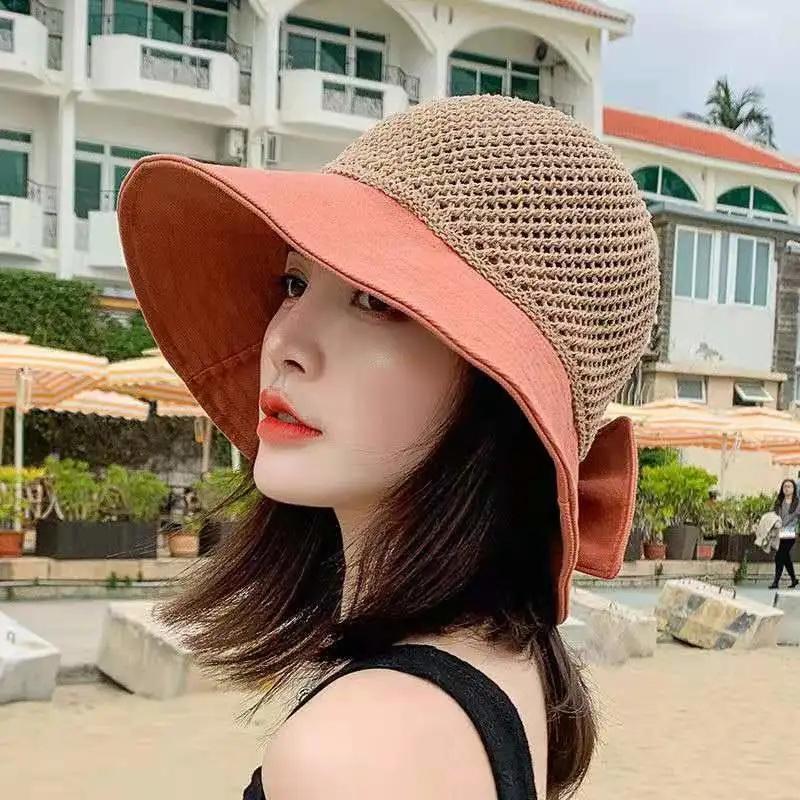 Woman Summer Hats with Sun Visor Straw Hat Hollow Fashion Bow Design Sun Hat Travel Mesh Bucket Hat