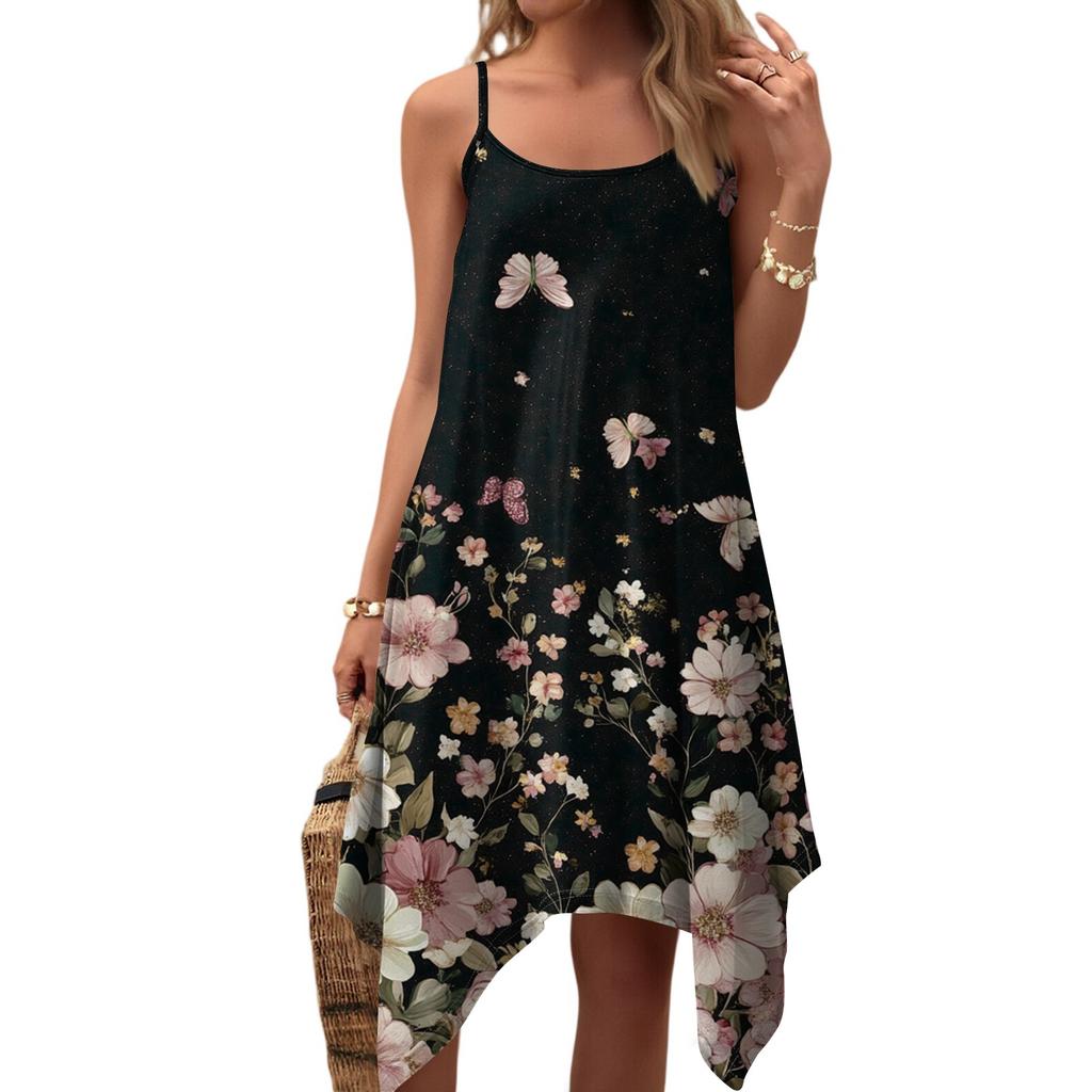 Женское летнее повседневное винтажное платье с цветочным принтом, круглым вырезом, регулируемыми подтяжками и карманами