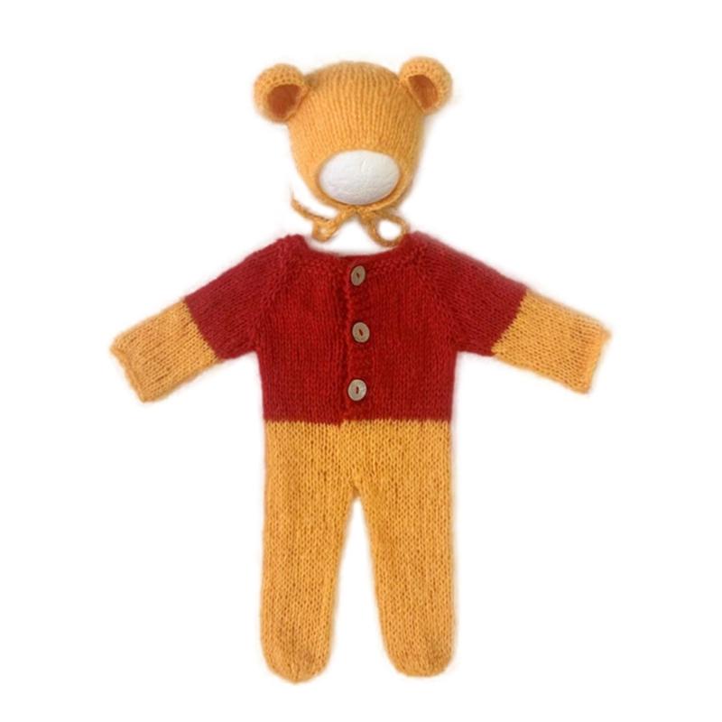 2pcs/set Newborn Photography Props Outfits Mohair Bear Hat & Footed Romper for Baby Photo Props Bodysuit Newborn Photo