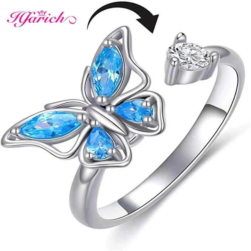 Hfarich Blue Crystalline Butterfly Finger Ring Rotate Freely Anti Stress Anxiety Rings Girl Nuptial Wedding Occasion Women Jewelry Engagement Present