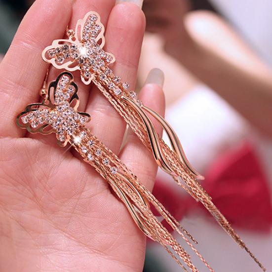 Женские линейные серьги с длинными кисточками и стразами, бабочкой, полумесяцем и луной