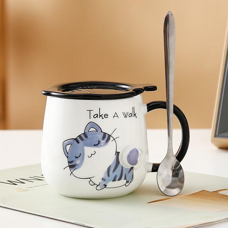 Japanese Style Ceramic Cat Mug with Lid & Spoon