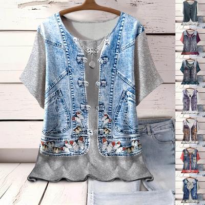 Женская повседневная футболка с v-образным вырезом и коротким рукавом с цветочным принтом и декоративными пуговицами, топ