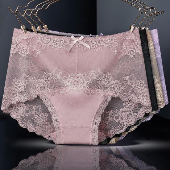 Women Underpants Hollow Out Super Breathable Soft Solid Color Mid Waist Anti-septic Elastic Flower Embroidery Lace