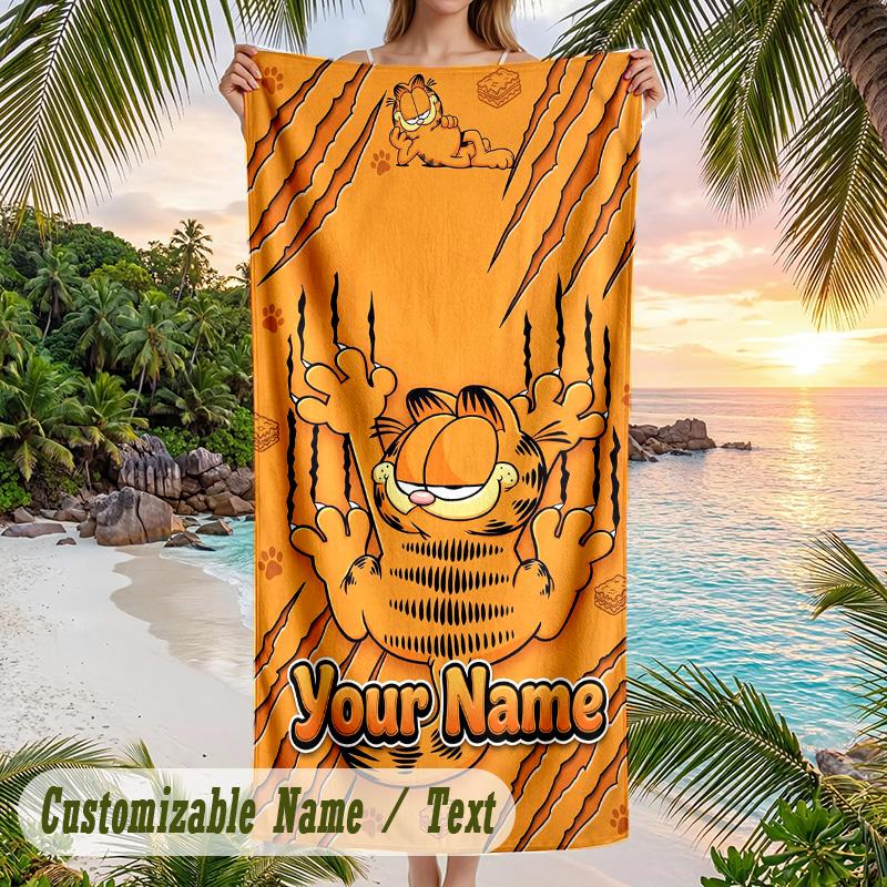 Garfield Beach Towel, Personalized Custom Text, Quick Dry Soft Large Towel For Swimming Pool Travel