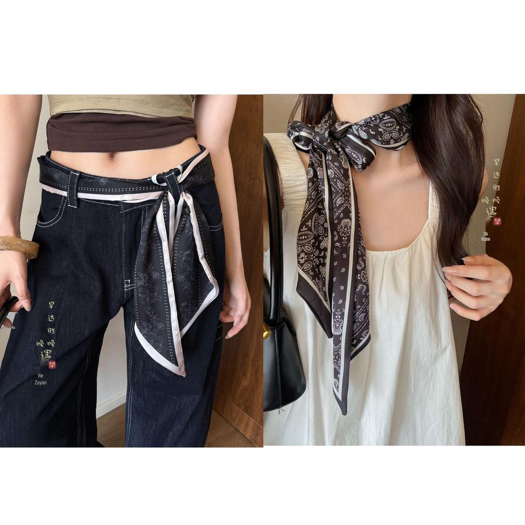 Cashmere Floral Silk Scarf: Women's Summer Thin Retro Ribbon, Neck Tie & Waist Accessory