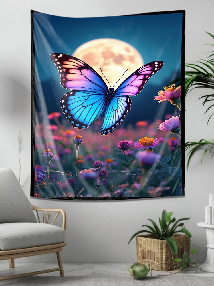 Fluttering Butterflies Under Moonlight Ethereal Landscape Tapestry for Home Wall Decoration
