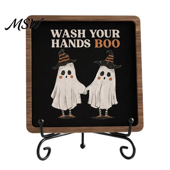 Bathroom Shelf Ornament Halloween Wooden Table Sign, Cute Ghost Boo Plaque Sign with Holiday Home Accent Metal Stand for Indoor Desk Decor Theme