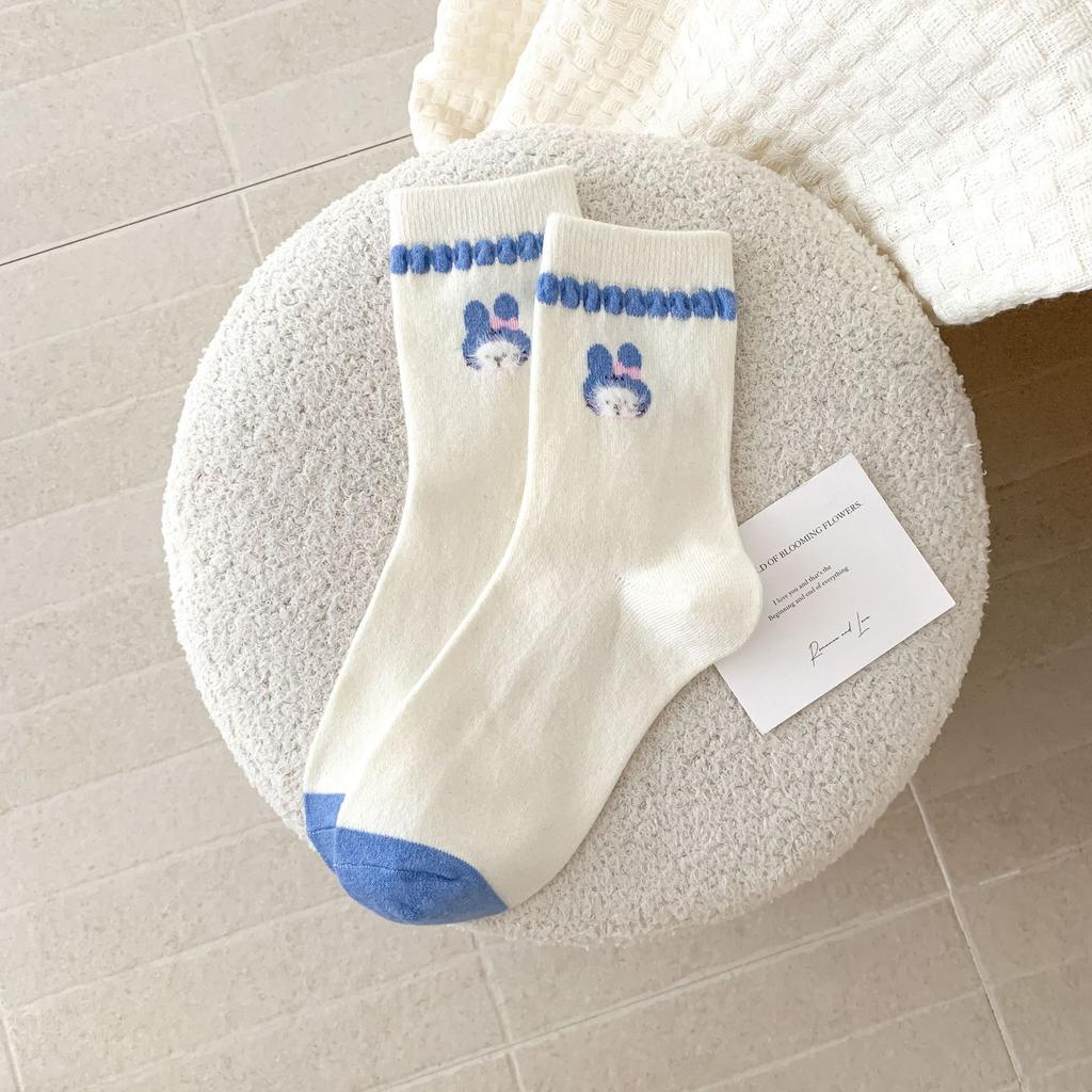Blue Rabbit Flocking Socks Medium Tube Socks Winter Thickened Warm Stacking Socks Sweet And Cute Cartoon Lace Socks