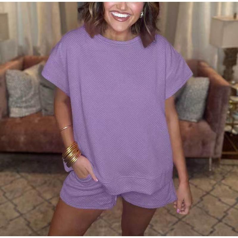 Однотонный топ с круглым вырезом и короткими рукавами для женщин, весна-лето, фактурная ткань, модные шорты, комплект для женщин, костюмы и комплекты для женщин