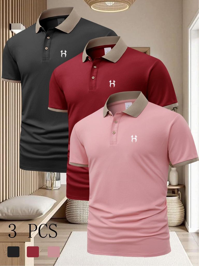3pcs Summer Men's Casual Short-Sleeve Polo Shirt with Collar, Fashionable Casual Daily Business Top