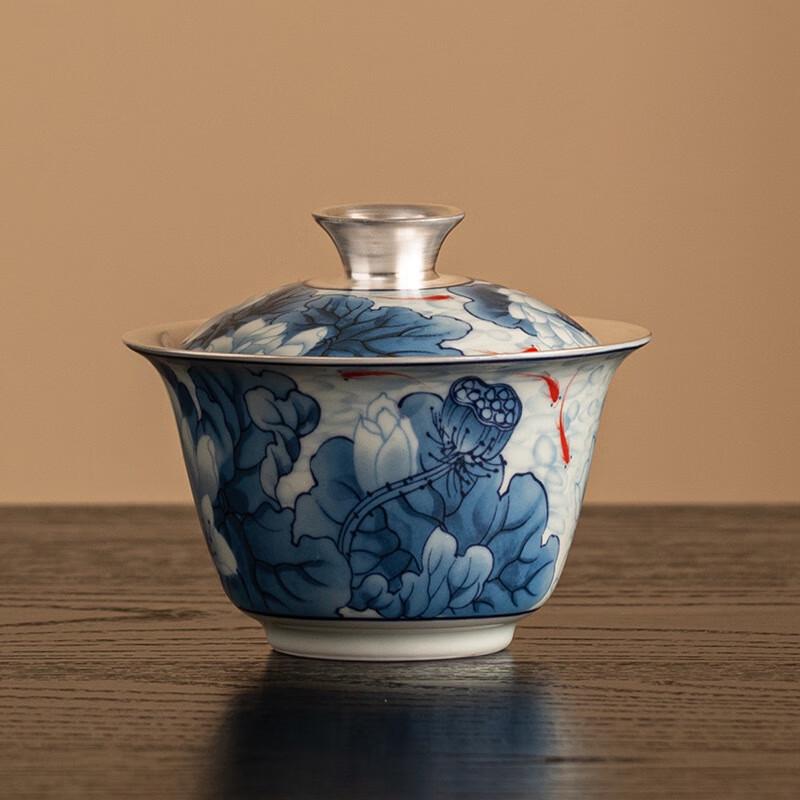 Gilded Silver Lotus Blue & White Porcelain Tea Set