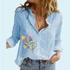 Women Fashion Floral Printed Button-up Shirt Loose Cotton Linen Top Ladies Casual Long Sleeved Blouse