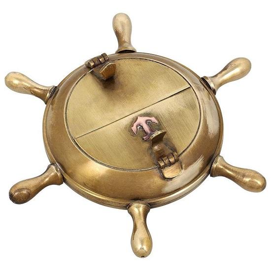 Nautical Brass Ship Wheel Design Table Ashtray Anchor Inlay Ashtray, Brass Decorative
