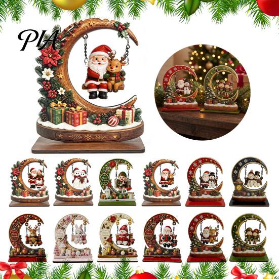 Christmas Tabletop Decor Wooden Tree Ornament, Santa Snowman Reindeer Crescent Moon Swing Holiday Gift for Colleagues Home Office Party Supplies