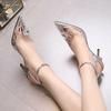 Модные остроносые прозрачные сандалии 2024 Новые летние кожаные сандалии-сетка, популярные в сети, на каблуке-шпильке, женские, с пучком