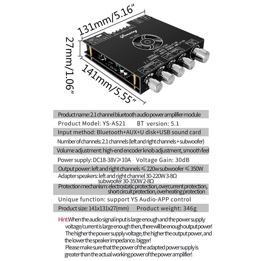 YS-AS21 2x220 Вт+350 Вт 2.1-канальная цифровая плата усилителя мощности TPA3255 Сабвуфер