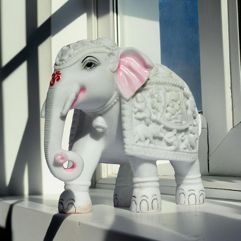 White Elephant Statue Trunk Down Hathi Figurine Big Size 7 Inch Elephant Marble Resin Decorative Showpiece