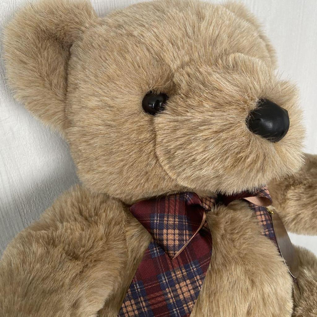 [USED] Extra-large, luxurious teddy bear, approximately 42cm, large, beige with checkered ribbon