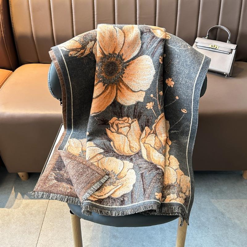 New Plant Flower Scarf Autumn and Winter Thickened Retro Oil Painting Scarf Women's Versatile Imitation Cashmere Shawl