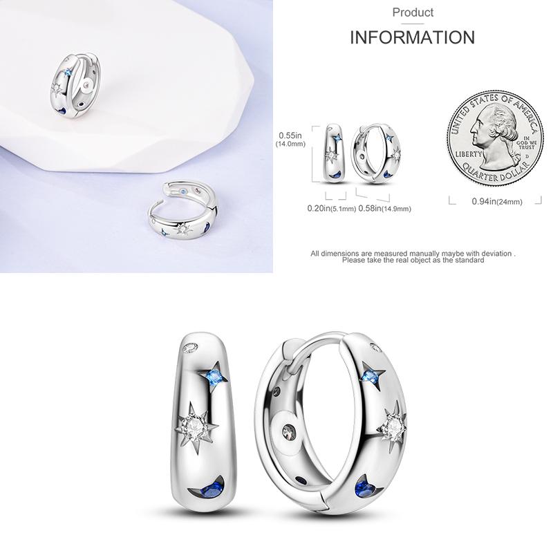 Sparkling Women Hoop Earrings 925 Copper Heart Shape Star Moon Round Blue Zircon Fit Origina Drop Earrings Zircon Holiday Gifts