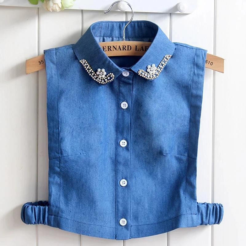 Fashion Denim Blue Women Fake Collar Shirt Detachable Collar Female False Collar Solid Shirt Lapel Blouse Top Men Women