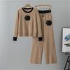 Autumn And Winter Flower Knitted Suit Women's Round Neck Knitted Shirt Wide Leg Pants Temperament Two Piece Set