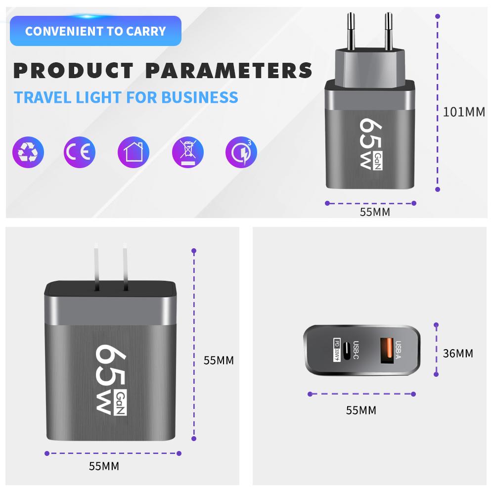 65W GaN USB C Charger Fast Charging Type C PD QC3.0 Quick Charge Mobile Phone Adapter for iPhone 14 15 Pro Xiaomi Redmi Oneplus