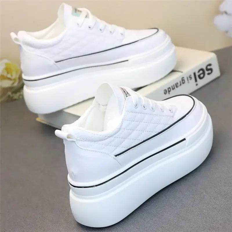 Fashion Platform Shoes All-Match Women's Leather Breathable White Shoes Invisible Height Increasing Insole Comfort and Casual Sneakers