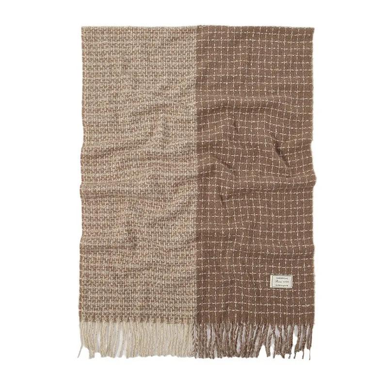 Elegant Retro Plaid Imitation Cashmere Winter Women's Knitted Designer Scarf Thickened Plush Neck Warmer Shawl Patchwork Colors