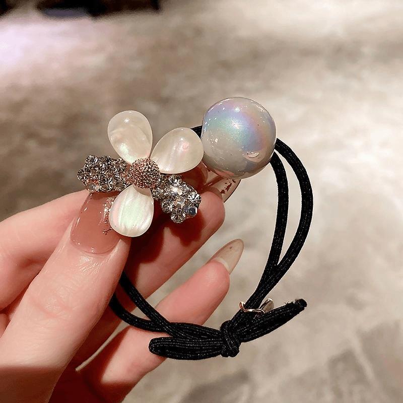 Korean Fashion Flower Cat's Eye Stone Double Strand Hair Rope Pearl Hair Tie Women Ponytail Bun Daily Hair Accessories