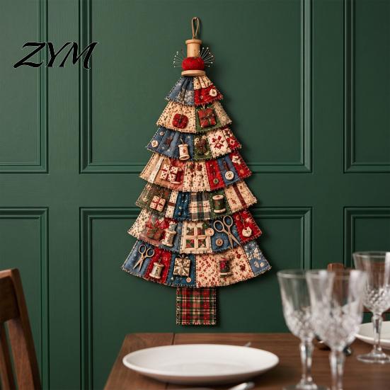 Layered Cloth Festive Entryway Sign Christmas Handmade Door Hanging Kit, Patchwork Tree Decoration DIY Sewing Textured Fabric Wall Set, Rustic