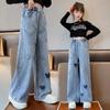 Fashion Teenager Girls Denim Wide Leg Pants Children Trousers Spring Autumn Love Pattern Girls Jeans 5-14 Years Kids Clothes