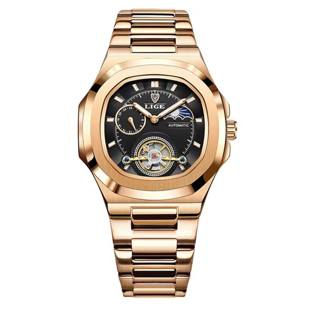 LIGE Dual Seconds Tourbillon Watch 24 Hour Mechanical Watch Stainless Steel Authentic Men Watch