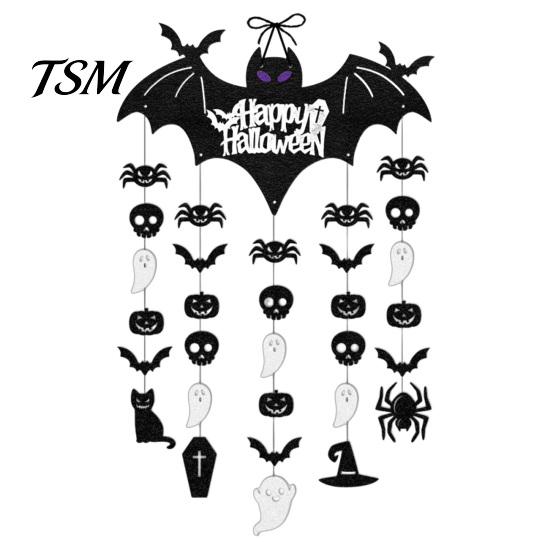 Spooky Home Decor Happy Halloween Bat Hanging Door Sign, Skull Spider Paper Black Cutouts Ornament, Large Wall Hanger for Party Supplies Sign