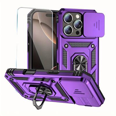 Для iPhone 17 16 16e 15 Pro Max 14 Plus 13 12 11 Чехол Бампер для телефона с прозрачным защитным стеклом для экрана, сдвижной крышкой для камеры, кольцом-подставкой