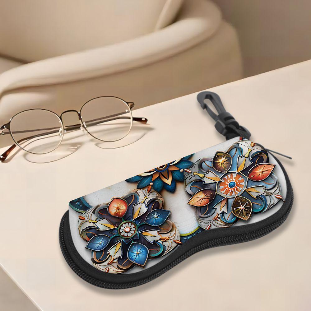 2D-Bohemian Floral Art Print Protective Sunglasses Case, Vintage Mandala Pattern Eyeglasses Storage Pouch, Zipper Travel Spectacle Holder Gift