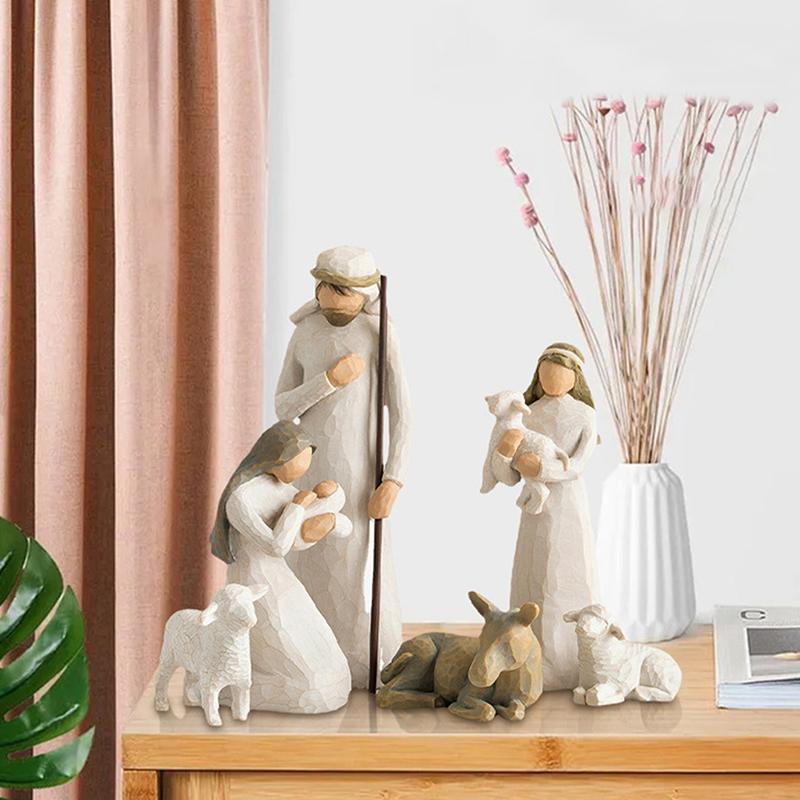 Desk Decor Hand Painted Decor Baby Jesus Manger ,Resin Ornament Nativity Figures Statue Set