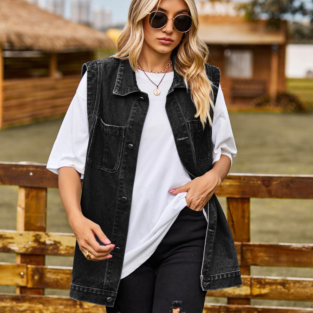 YYFS Женская модная джинсовая осенне-зимняя повседневная куртка-поло без рукавов с воротником с лацканами