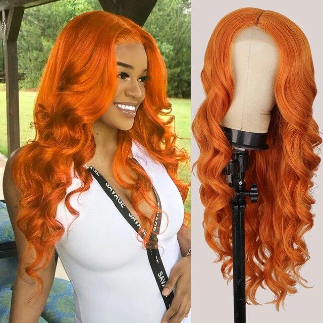 Long Body Wave Ginger Orange Wigs Synthetic Lace Wigs for Women Highlight Black Brown Middle Part Wig Cosplay Hair