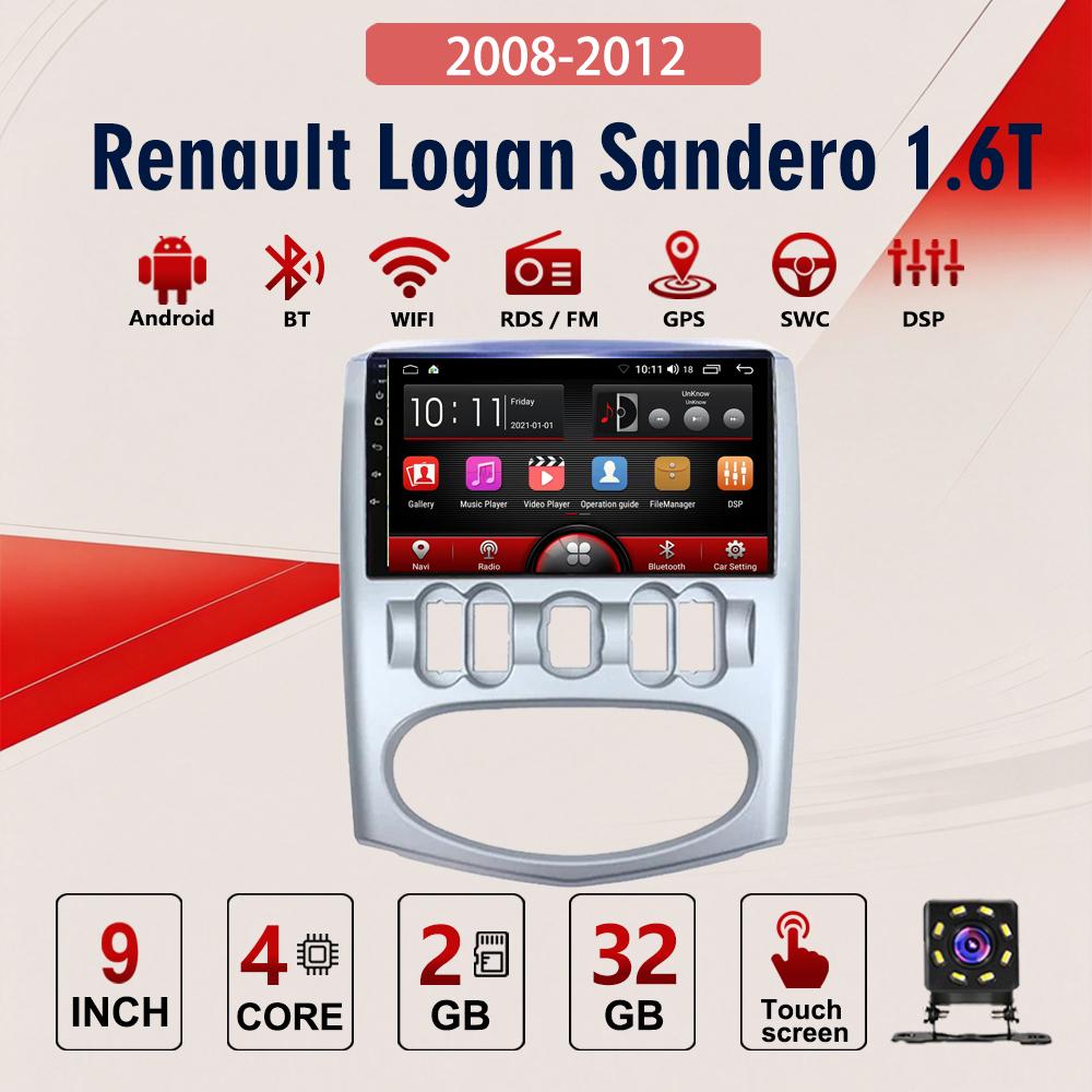 2Din Android Car-Play Car Radio,Renault Logan Sandero 1.6 2008 -2012,Multimedia Player Head Unit Stereo GPS Navigation BT WIFI,2+32GB