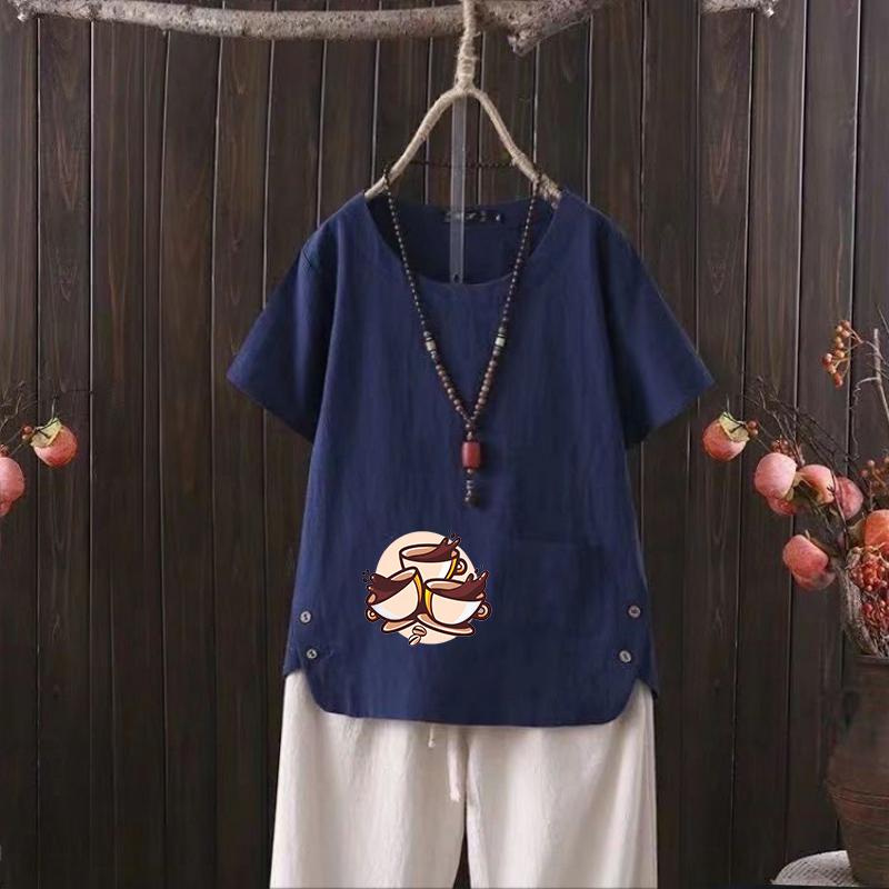 Women's Retro Linen Shirt, Summer Graphic Tee, Short Sleeve Crew Neck, S-4XL