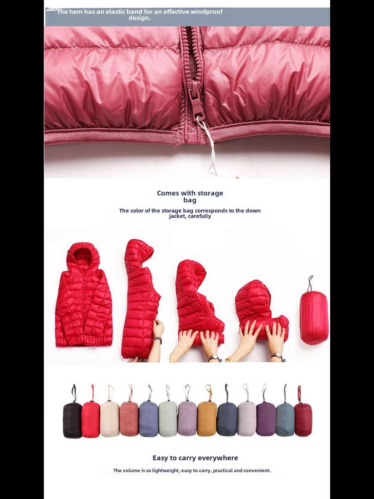 Женская облегченная куртка-пуховик - тонкая, однотонная, белый утиный пух, теплая, простой стиль