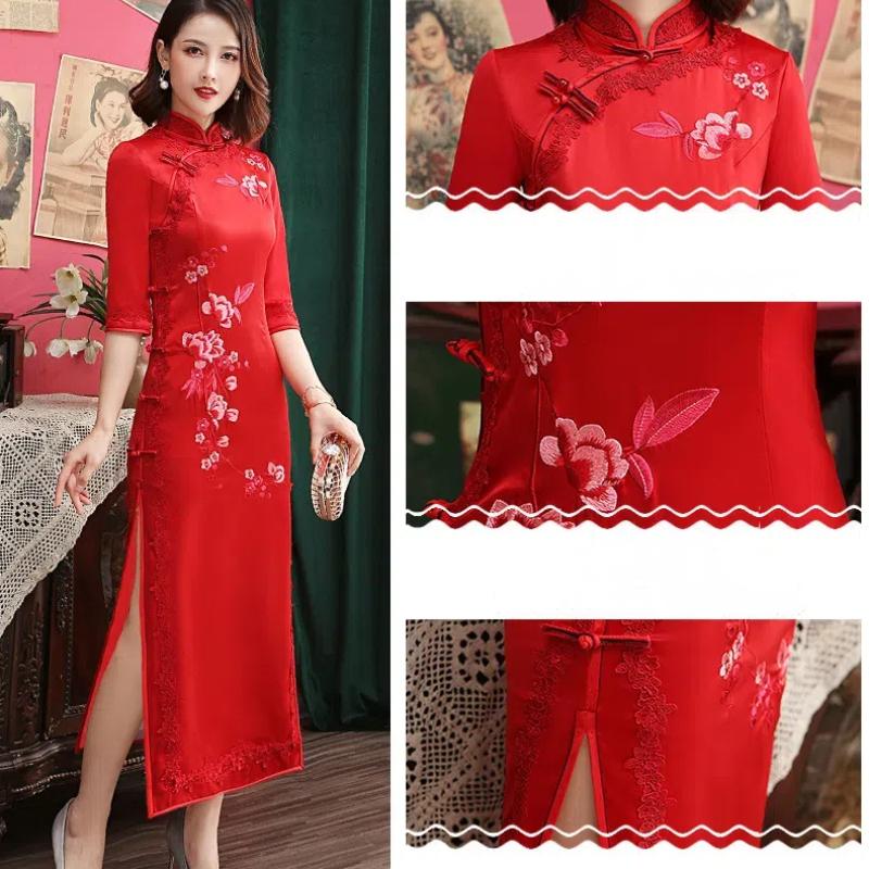 Современное платье-чеонгсам большого размера с вышивкой из шелка и винтажным шанхайским воротником, облегающее